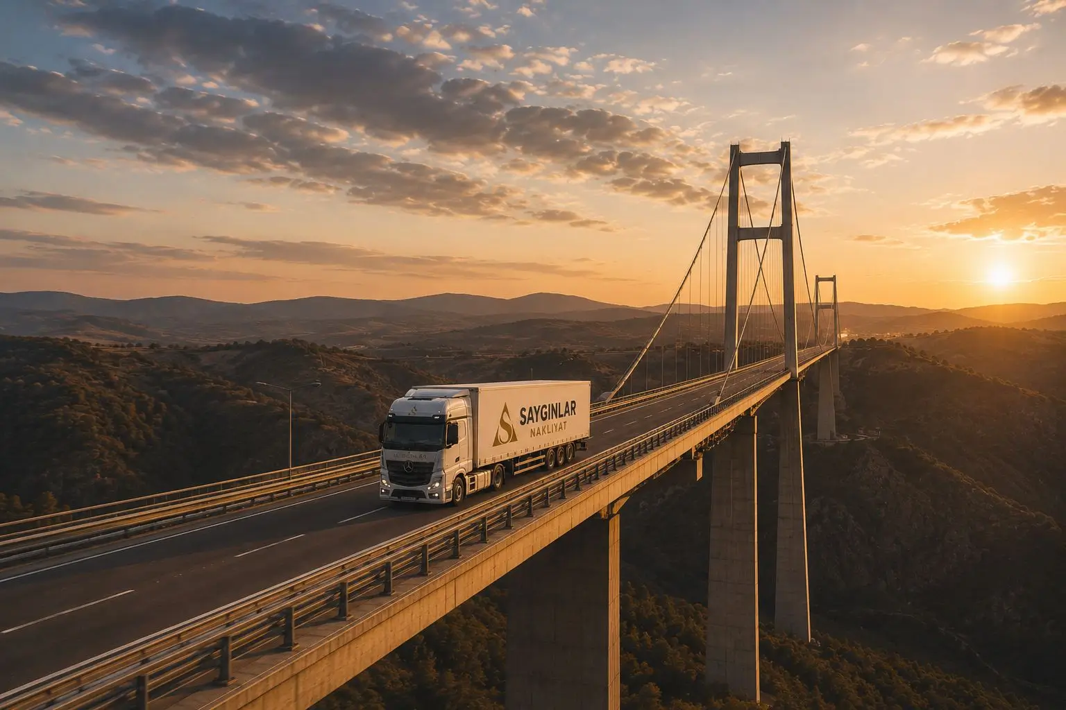 Saygınlar Nakliyat uluslararası taşımacılık TIR'ı köprüde gün batımında yol alıyor